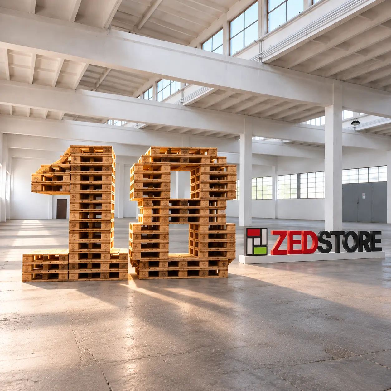 A ZED Store 18. születésnapja raklapokból épített 18-as felirattal a raktárban