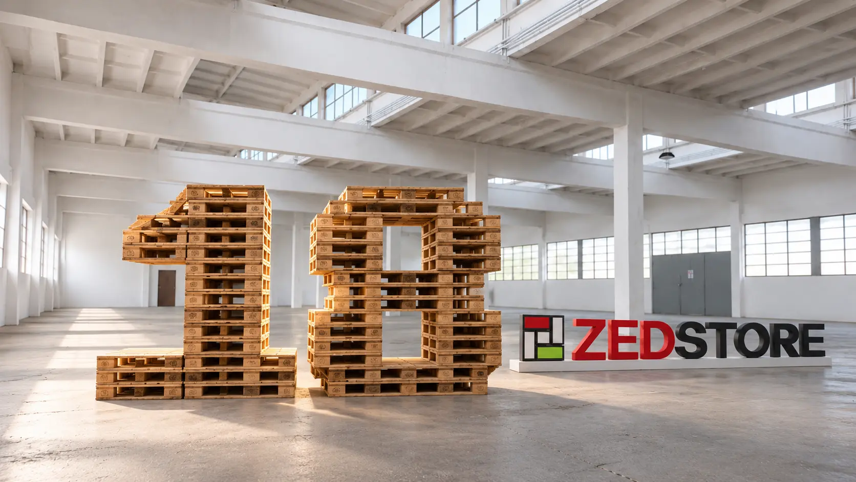 A ZED Store 18. születésnapja raklapokból épített 18-as felirattal a budapesti raktárban