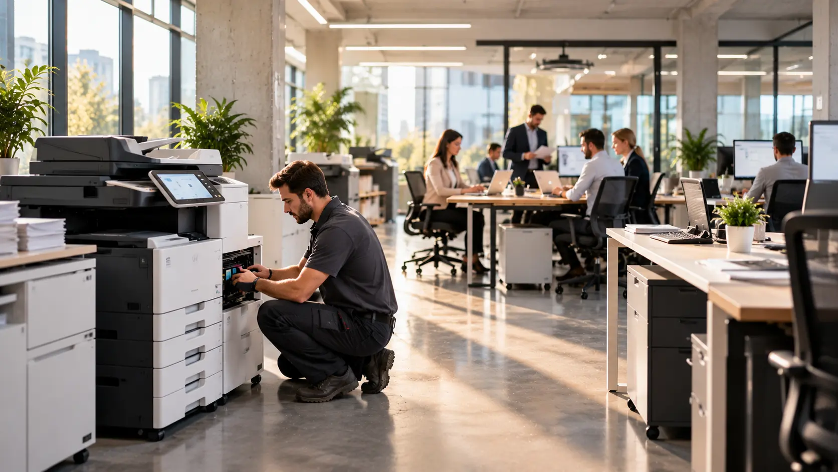 Dokutech Center szakembere nyomtatót szervizel egy modern irodában